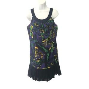 BETSEY JOHNSON Pleated Ruffled Trapeze Butterfly Dress Size 6 Purple Black